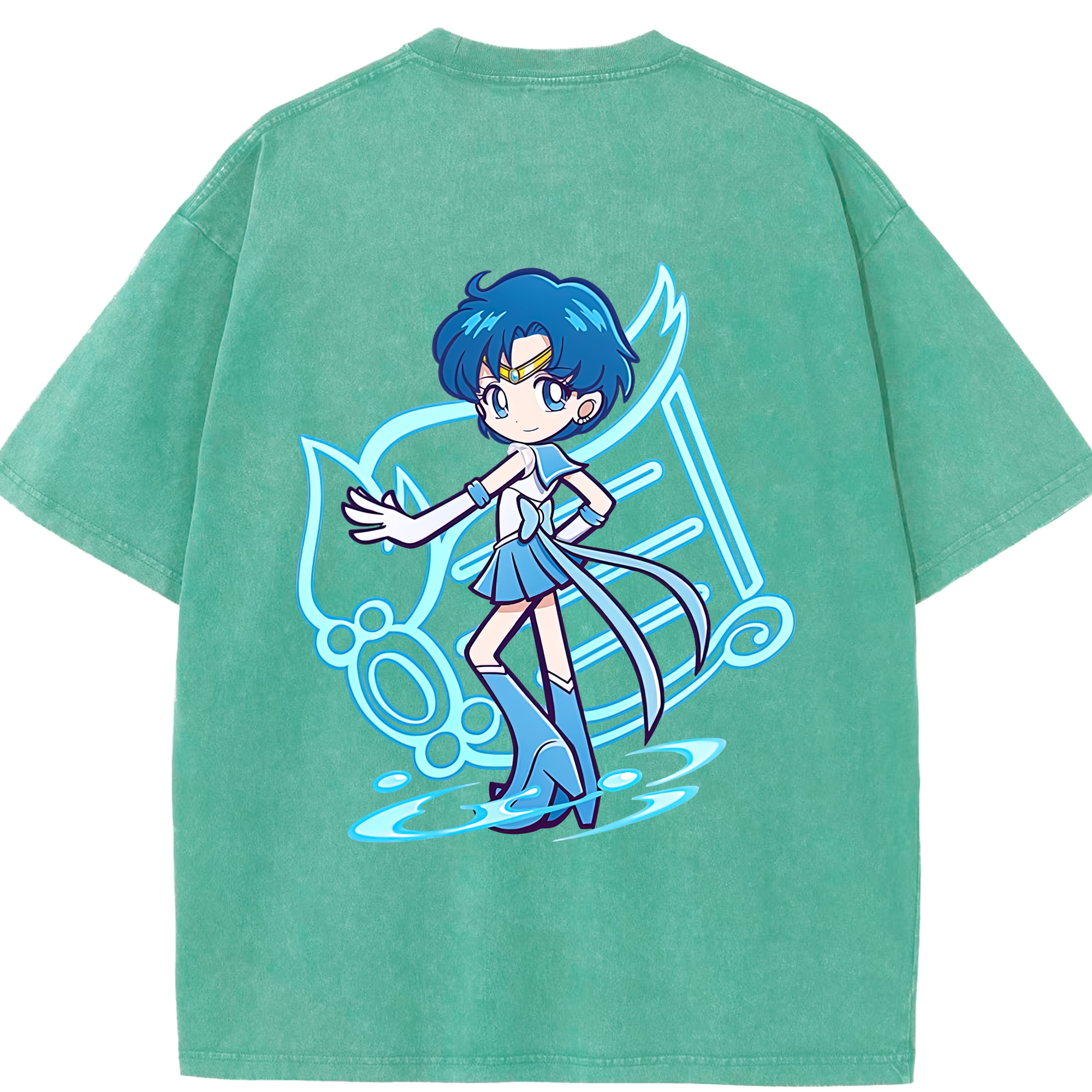 （画像用） 美少女戦士セーラームーン 水野 亜美 みずの あみ Sailor Moon Mizuno Ami 綿100% ヴィンテージ風 半袖Tシャツ（背面プリント）